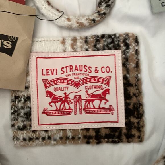 NWT Levi’s Ivory & Brown Plaid Zip Button Midi Maxi Shacket Coat - Picture 6 of 9